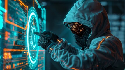 "Cybersecurity Specialist Interacting with Advanced Holographic Digital Interface."