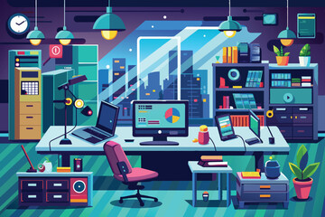 This modern office features multiple screens, a stylish chair, and vibrant plants, creating an inviting workspace with a stunning city skyline view at night.