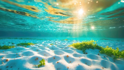 Tropical blue ocean beneath the surface with white sandy seabed.