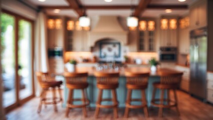 Hazy Background Image of Classy Expansive Kitchen with Generous Island and Lovely Decorative Tile