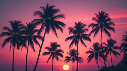 Tropical palm tree against a backdrop of colorful bokeh sunlight on sky clouds in an abstract setting. Nature travel adventure theme.