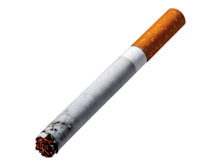 High-resolution close-up of a single, partially smoked cigarette against a clean white background.  Perfect for health campaigns, anti-smoking materials, or editorial projects needing a stark visual.