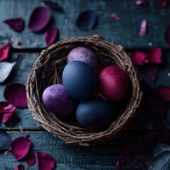 Moody Easter Color Theory Artisan-Crafted Jewel-Toned Eggs in Rustic Nest - Sustainable Seasonal Styling for Elevated Home and Digital Content Experiences