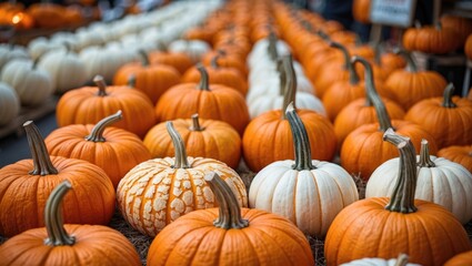 Vibrant orange and white pumpkins line the market, marking the harvest season. The warm colors and natural stems foster a joyful autumn vibe, encouraging guests to wander.