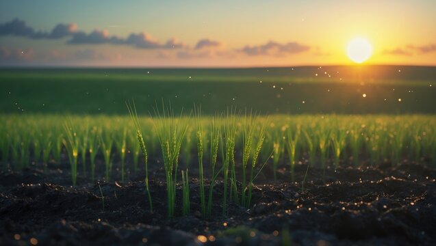 Morning rays light up the pastoral view, uncovering young wheat plants rising from the dark soil, a sign of renewal and growth.