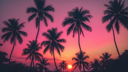 Obraz premium Tropical palm tree with vibrant bokeh sunlight against a cloudy sky abstract background. Nature travel adventure theme.