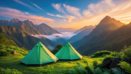 Two camping tents in lush mountains during sunset or sunrise