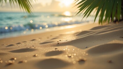 Oceanfront view with sand and palm ornamentation. Summer photograph of unoccupied space for decor.