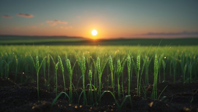 The rural scenery is bathed in morning light, showcasing new wheat sprouts breaking through the dark earth, symbolizing renewal and growth.