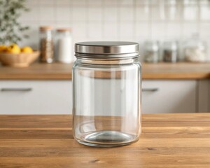 Empty glass jar with silver lid on wooden kitchen counter clean and minimalist design kitchen decor natural lighting simple concept for home organization