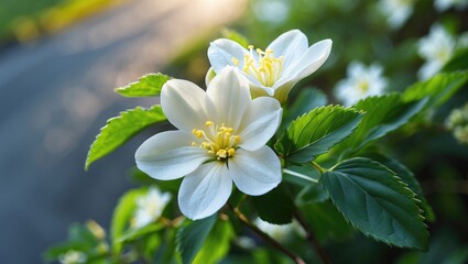 Fototapeta premium Gorgeous jasmine, white jasmine blooms, five-petaled flowers flowering, flowers blooming with area for text.