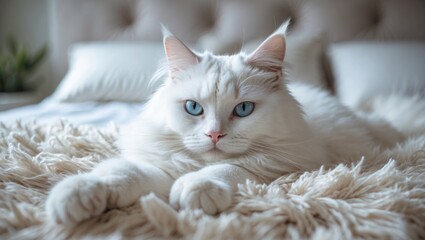 Elegant White Cat Lounging on Soft Flokati Rug