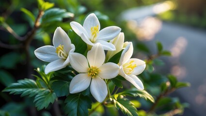 Obraz premium Stunning jasmine, white jasmine flowers, five-petal blooms are opening, flowers flourishing with space for text.