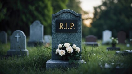 Isolated headstone with inscription in old burial ground. Close view of gravestone in grass with floral decoration and text. Funeral idea. Cemetery at twilight.