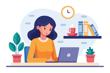 A young woman sits at her desk focused on her laptop, surrounded by plants, a steaming cup of coffee, and colorful books, creating a warm and productive atmosphere.