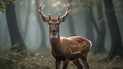 Fototapeta premium A roedeer in the woods facing the camera. Dark, subdued colors of green and brown. Blurry foreground and background elements.
