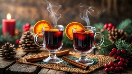 Spices and fruits enhance Xmas hot mulled red wine on a rustic wooden table for a festive drink