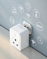 Smart plug adapter closeup in minimalist wall outlet studio setting modern technology concept clean design aesthetic