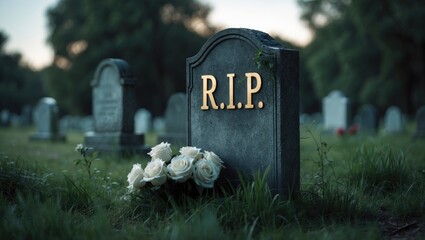 Solitary gravestone with sign in aged graveyard. Close-up of tombstone in grass with flower and lettering. Commemoration theme. Cemetery in the evening light.