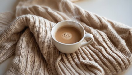 Autumn vibes with warm garments and a comforting cup of cappuccino or milk tea. Minimalism and the feeling of cozy home in beige.
