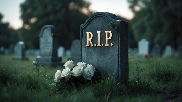 Solitary gravestone with sign in aged graveyard. Close-up of tombstone in grass with flower and lettering. Commemoration theme. Cemetery in the evening light.
