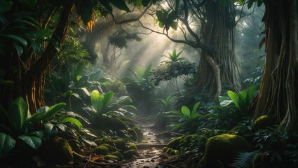 Tropical rainforest featuring a large tree