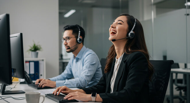A joyful customer service agent laughs heartily while assisting a client, showcasing excellent teamwork and positive energy in a modern office setting with sleek computers.