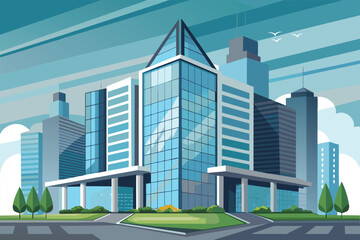 Obraz premium A sleek office building with large glass panels rises among towering skyscrapers, surrounded by lush greenery and under a bright blue sky during daylight hours.