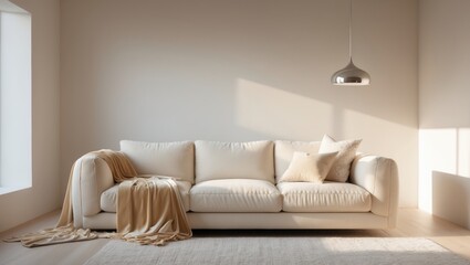 Empty wall painted white behind a beige sofa in a basic living room setup complete with a lamp and copy space