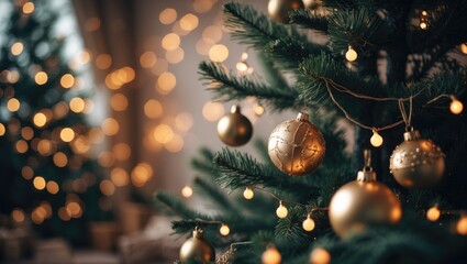 Banner displaying a darkly decorated Christmas tree with pine in front of a bokeh light background.
