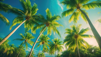 Fototapeta premium Tropical coconut palm trees against a clear blue sky in a low angle perspective.