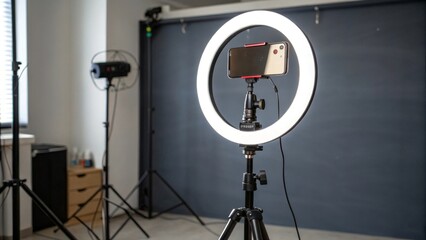 Studio setup of tripod-mounted ring light with smartphone for photography indoor environment professional content creation modern viewpoint