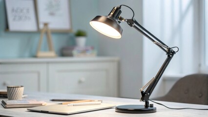 Adjustable desk lamp illuminating a clean workspace in a modern studio highlighting focused light and minimalist design