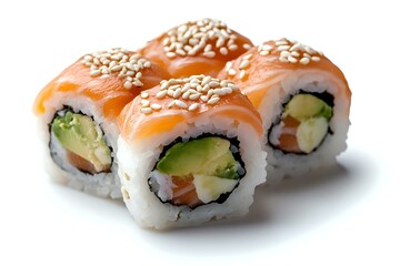 Fresh salmon sushi rolls topped with sesame seeds, filled with avocado and cream cheese on white background, close up view of Japanese cuisine.