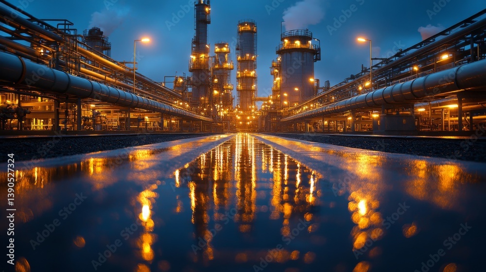 Aufkleber an industrial facility is bustling with activity as pipelines emit light, reflecting off rain soaked