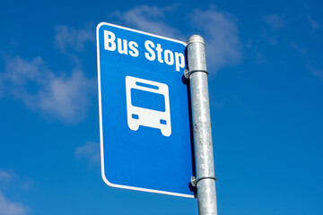 Valley Transportation Authority VTA bus stop sign mounted on a metal pole, set against a clear blue sky - San Jose, California, USA - April 4, 2025