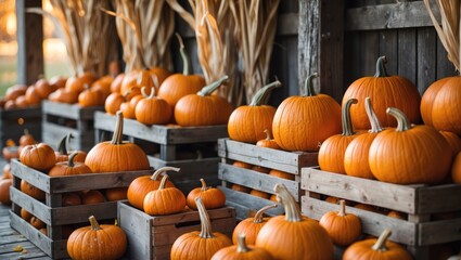 Orange pumpkins and dried corn stalks in bins for festive decoration.