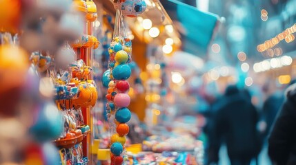 Colorful decorations and lights illuminate a vibrant outdoor market scene
