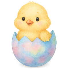 Fluffy Yellow Baby Chick Hatching from a Pastel Watercolor Easter Egg