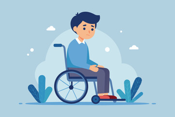Fototapeta premium A young man sits in a wheelchair with a contemplative expression, surrounded by stylized greenery under a clear blue sky, conveying a sense of solitude.