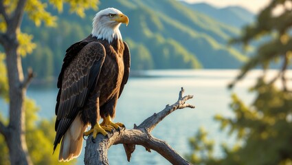 Bald eagle on a high branch above a lake