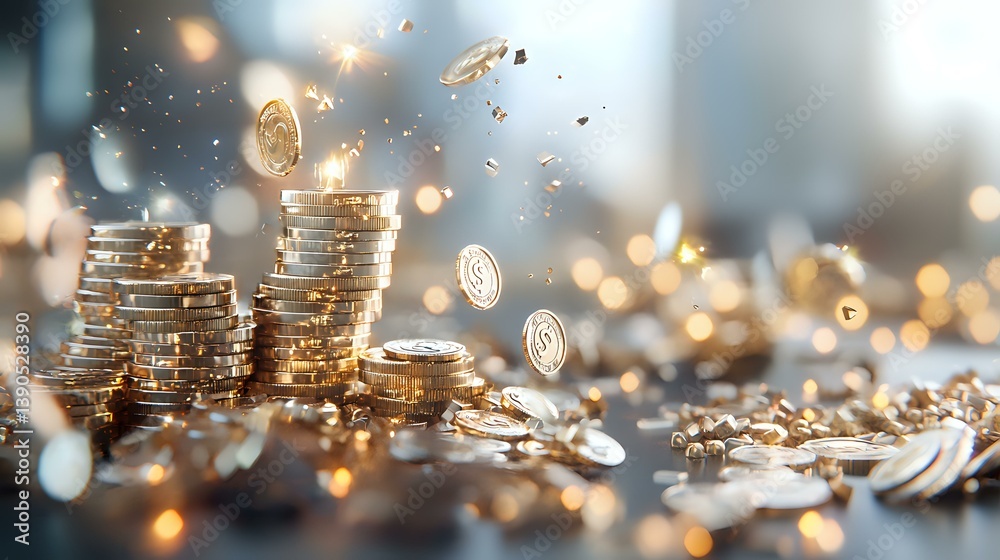 Poster golden coins falling and stacking with magical sparkles and bokeh lights creating wealth abundance c
