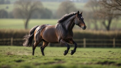 Obraz premium Galloping bay horse against a backdrop of green grass