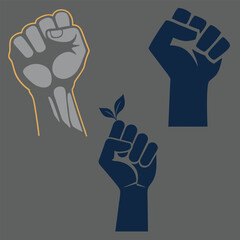 Obraz premium A powerful illustration of three raised fists on a dark gray background with symbol of strength and unity