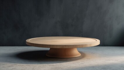 Stylish round wooden cake stand placed on a textured concrete setting.