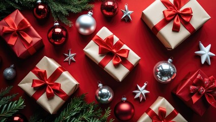 Red background featuring Christmas gifts and ornaments. Flat lay perspective
