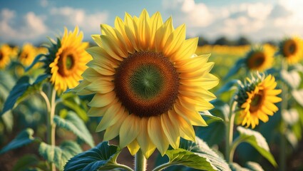 Prominent yellow flower identified as sunflower in crop fields during summertime nature wallpaper.