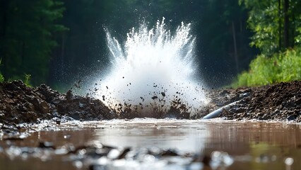 Fototapeta premium Water splashes dramatically from a muddy area, surrounded by greenery, creating a dynamic and lively scene in nature. Concept Nature's Drama, Water Splashes, Muddy Landscape, Vibrant Greenery