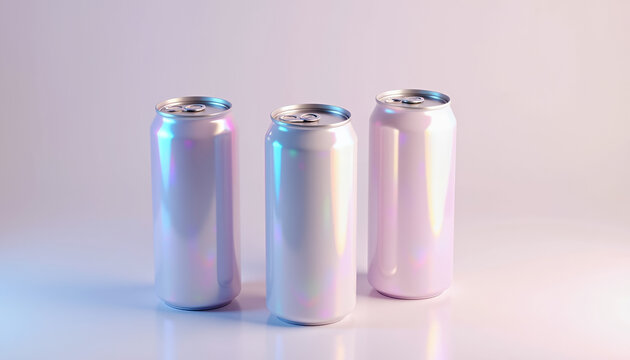 A mockup of a beverage tin can in a minimalist 3D style with realistic rendering. The can features a metallic texture with a matte finish, placed against a neutral background, ideal for showcasing bra