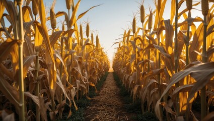 Golden corn stalks form a stunning sight in a field ready for harvest, with ears of corn vividly showcased against a bright sky